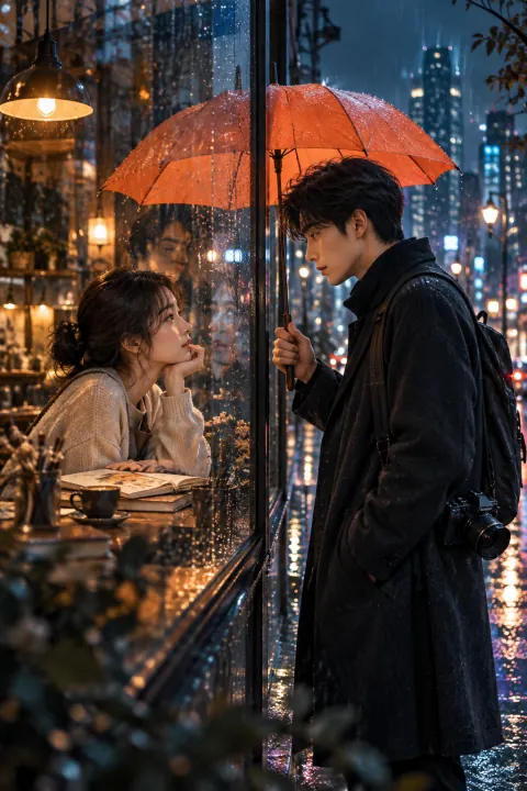 都市甜宠题材插画：雨夜咖啡店窗边的两位年轻人